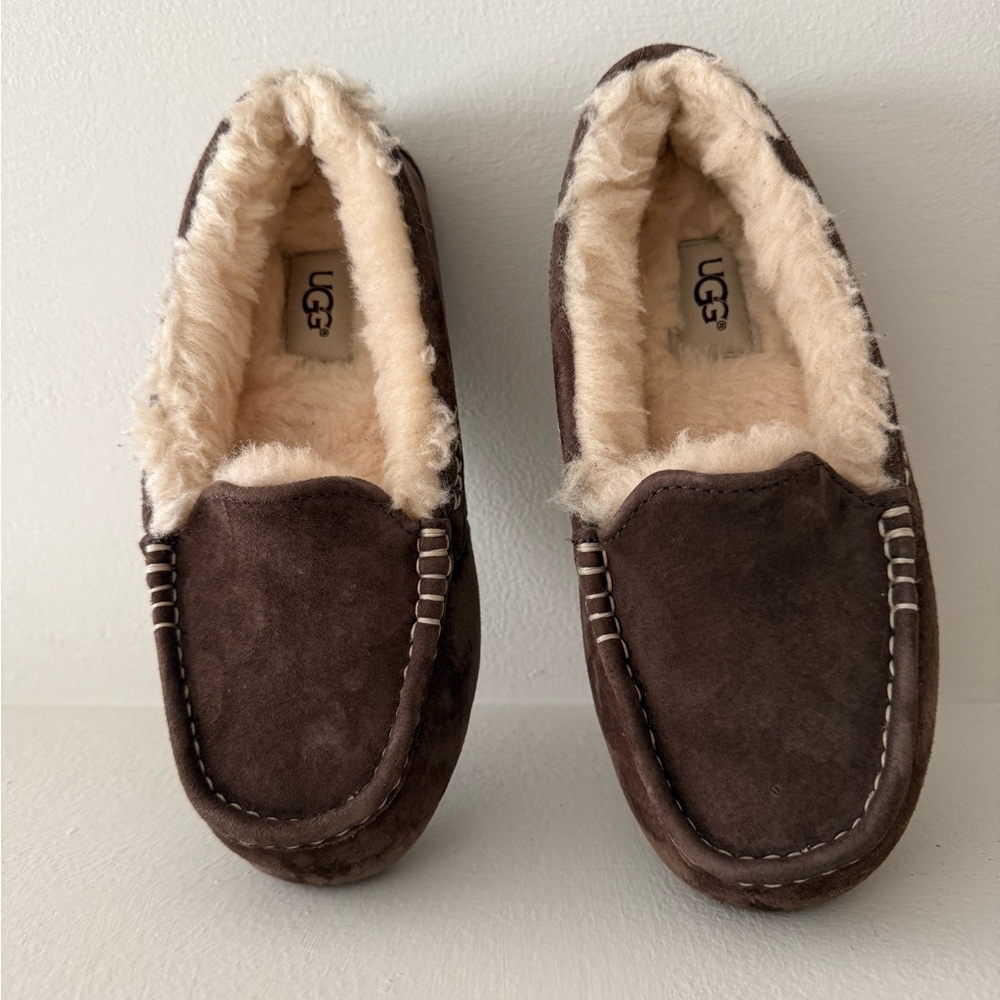 UGG Chocolate Suede Moccasins with Plush Cream Interior - Size 5